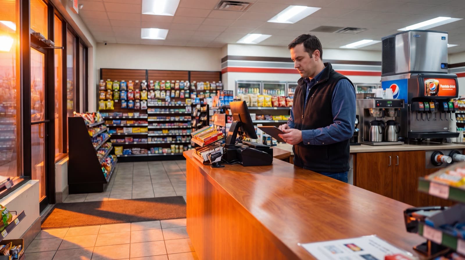 Interior of a well-lit convenience store with neat shelves and a clean counter