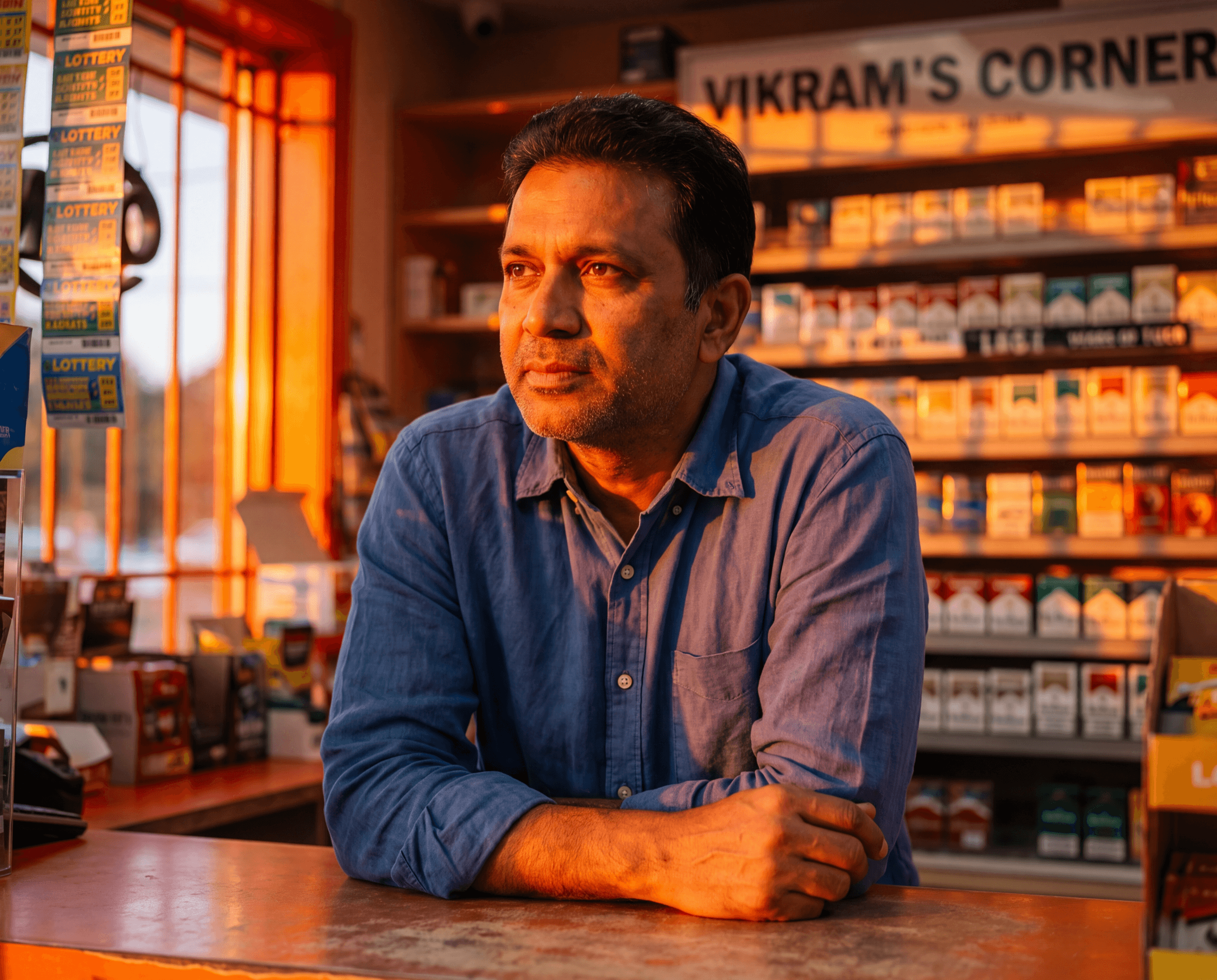 Independent convenience store owner behind the counter at golden hour